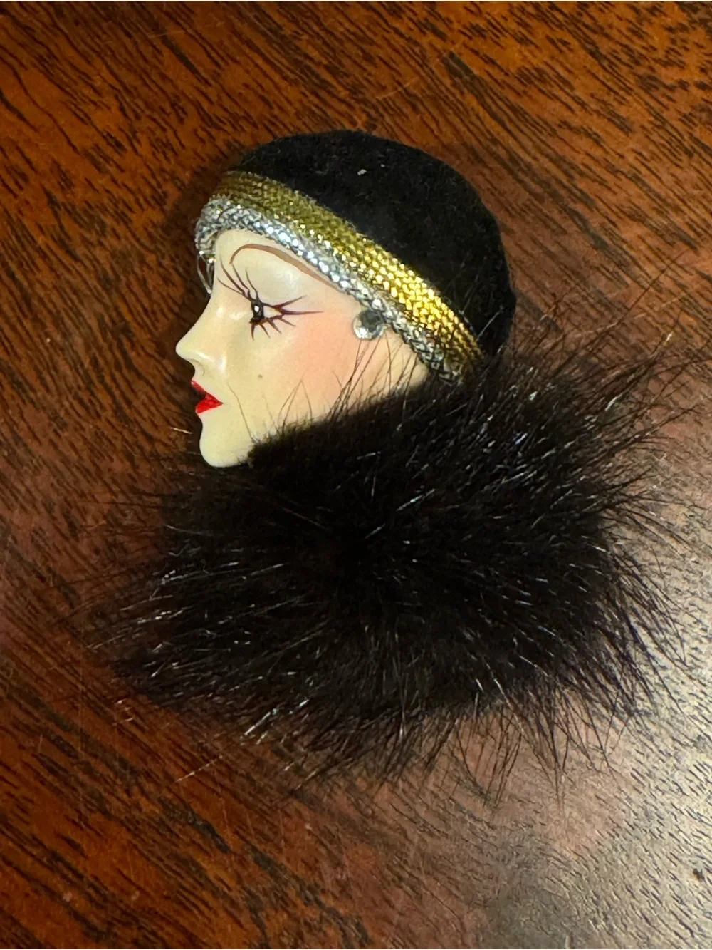 Vintage 1920’s Flapper Porcelain and Mink Fur Cameo Brooch or Pin.